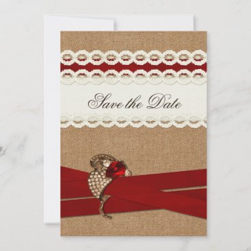 Red Rustic burlap and lace country wedding Save The Date
