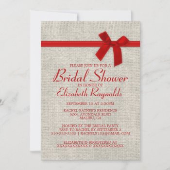 Red Rustic Burlap Bridal Shower Invitations by topinvitations at Zazzle