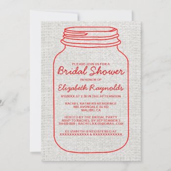 Red Rustic Burlap Mason Jar Bridal Shower Invites by topinvitations at Zazzle