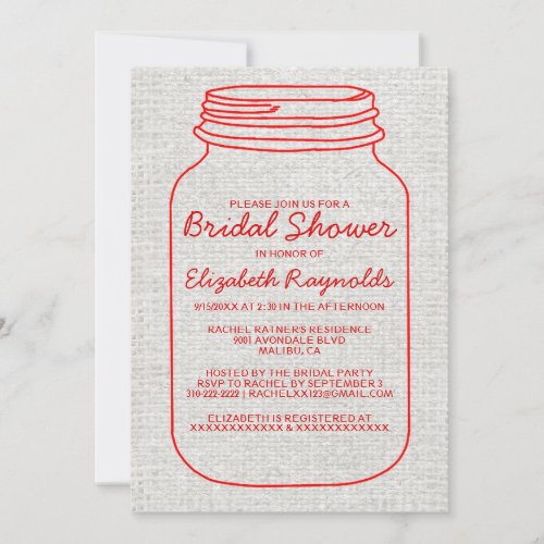 Red Rustic Burlap Mason Jar Bridal Shower Invites