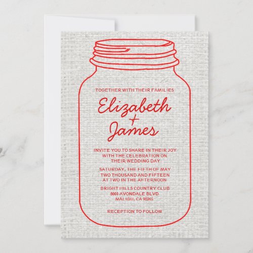 Red Rustic Burlap Mason Jar Wedding Invitations