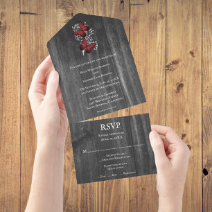 Red Rustic Butterfly All in One Wedding Invite