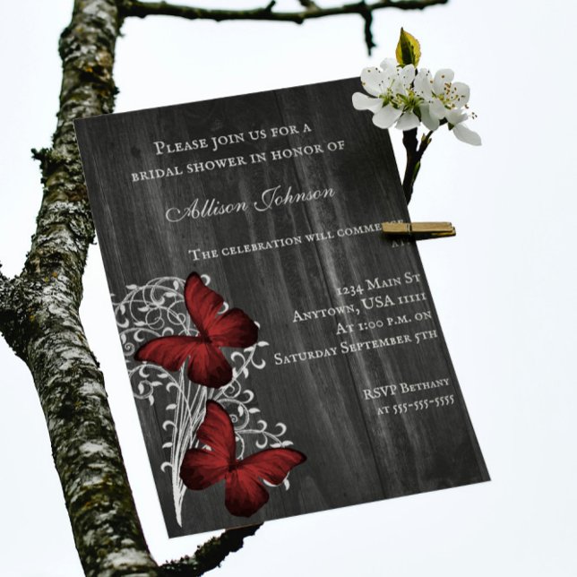 Red Rustic Butterfly Bridal Shower Invite (Red Rustic Butterfly Bridal Shower Invitation)