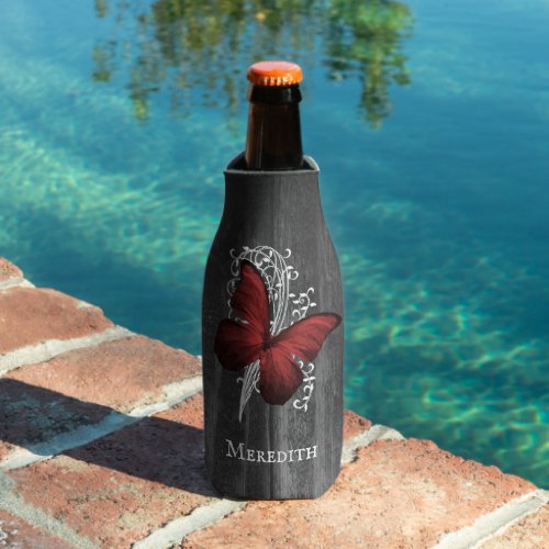 Red Rustic Butterfly Personalized Bottle Cooler