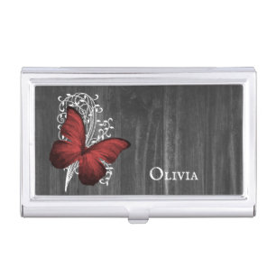 Red Rustic Butterfly Personalized Business Card Case