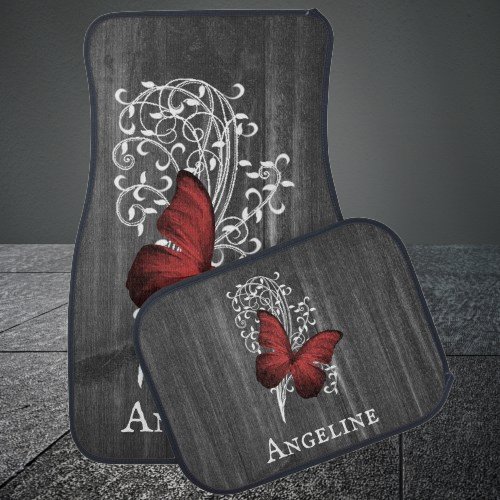 Red Rustic Butterfly Personalized Car Floor Mat