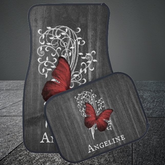 Red Rustic Butterfly Personalized Car Floor Mat (Red Rustic Butterfly Personalized Car Mats)