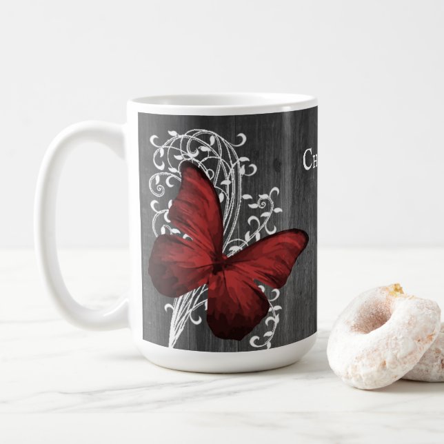 Red Rustic Butterfly Personalized Coffee Mug (With Donut)