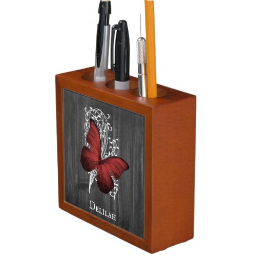 Red Rustic Butterfly Personalized Desk Organizer