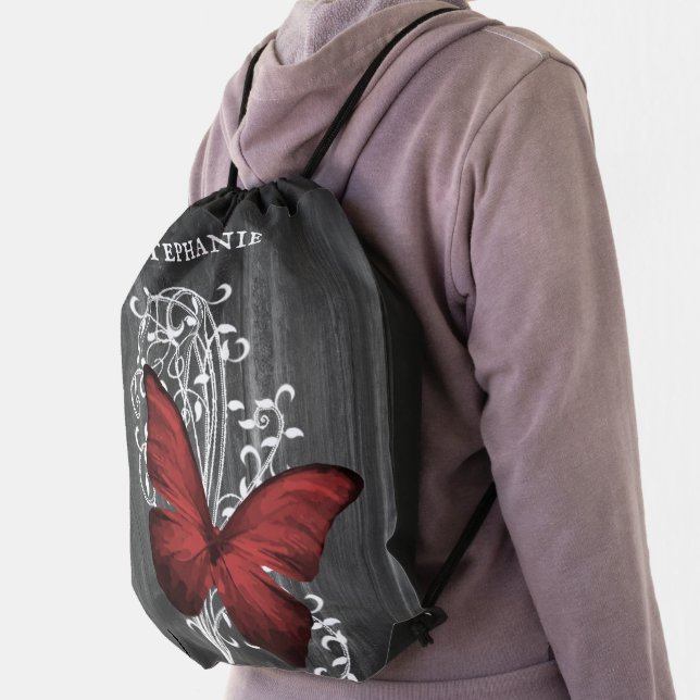 Red Rustic Butterfly Personalized Drawstring Bag (Insitu)