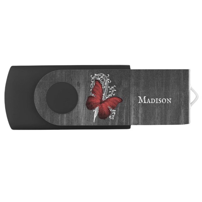 Red Rustic Butterfly Personalized Flash Drive (Front)