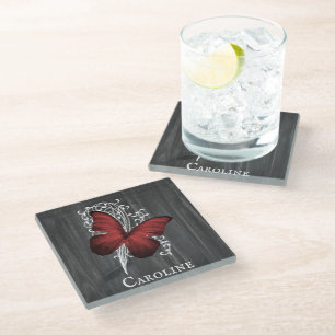 Red Rustic Butterfly Personalized Glass Coaster