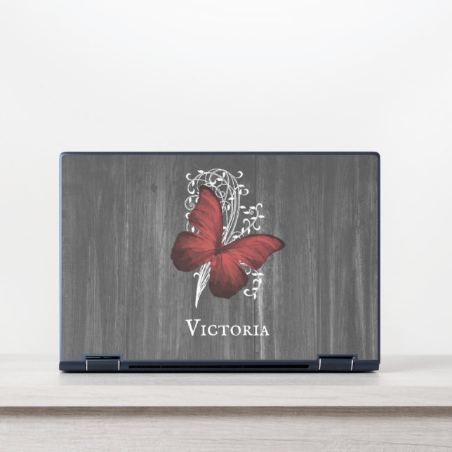 Red Rustic Butterfly Personalized HP Laptop Skin (Front)