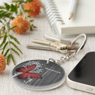Red Rustic Butterfly Personalized Keychain