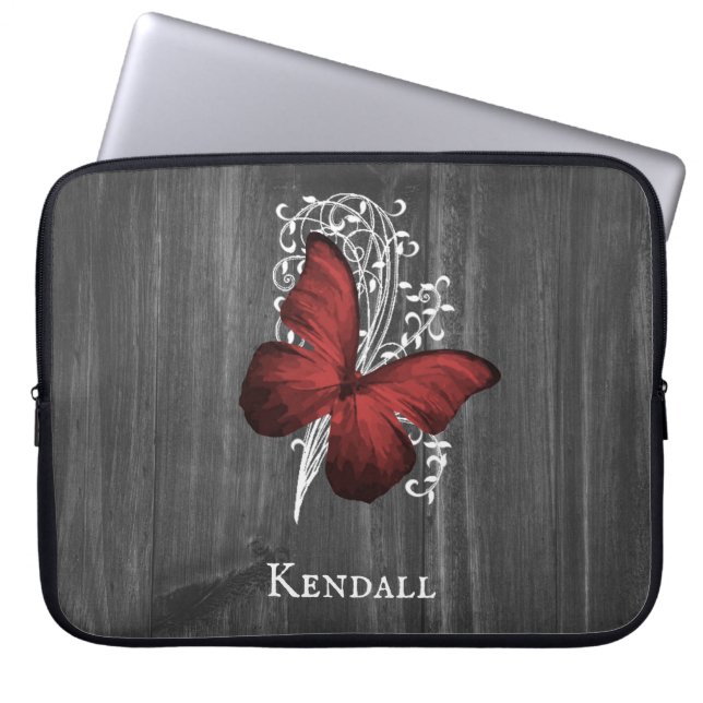 Red Rustic Butterfly Personalized Laptop Sleeve (Front)