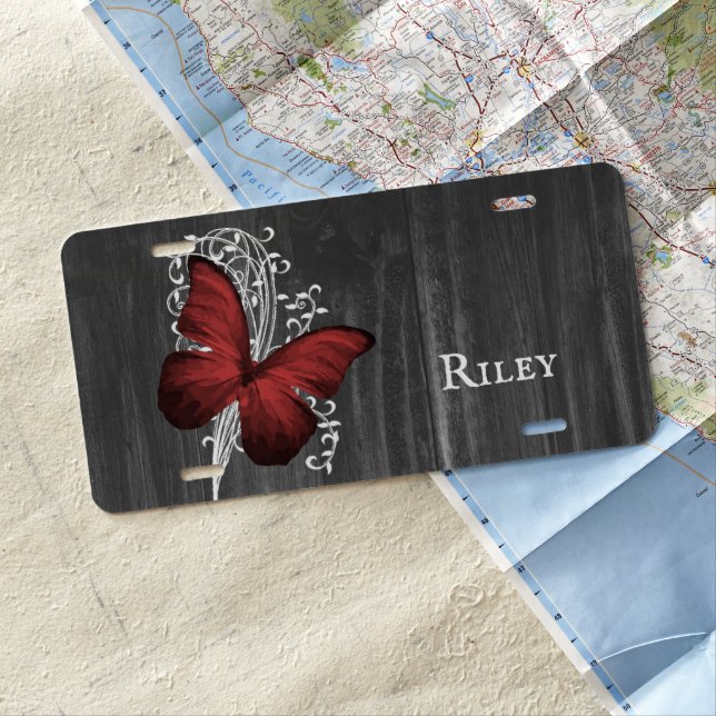 Red Rustic Butterfly Personalized License Plate (In Situ)