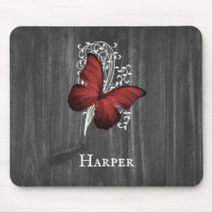 Red Rustic Butterfly Personalized Mouse Pad