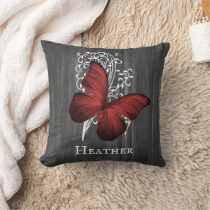 Red Rustic Butterfly Personalized Throw Pillow