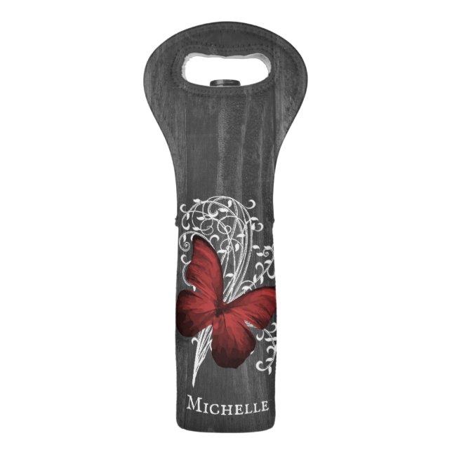Red Rustic Butterfly Personalized Wine Bag (Front)