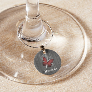 Red Rustic Butterfly Personalized Wine Charm