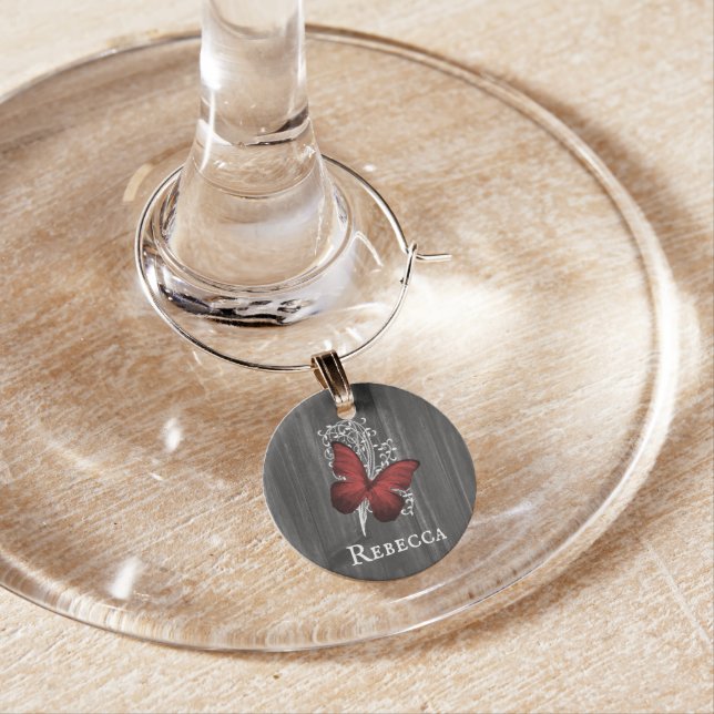 Red Rustic Butterfly Personalized Wine Charm (In Situ)
