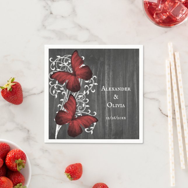 Red Rustic Butterfly Wedding Napkins (Insitu)