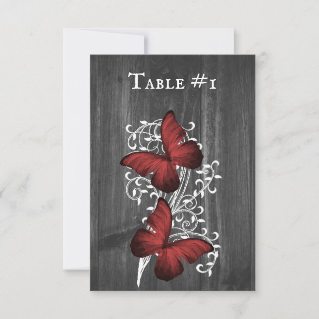 Red Rustic Butterfly Wedding Table Card (Front)