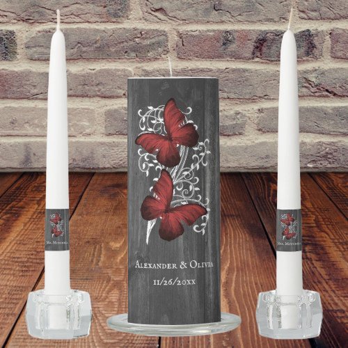Red Rustic Butterfly Wedding Unity Candle Set