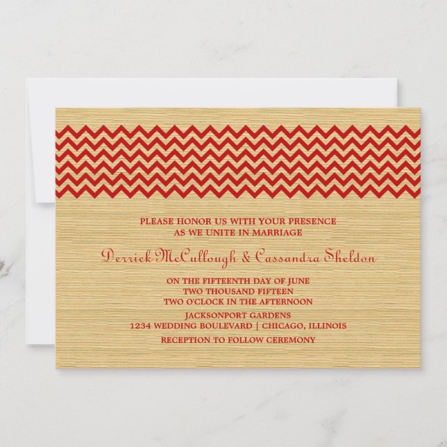 Red Rustic Chevron Wedding Invite (Front)