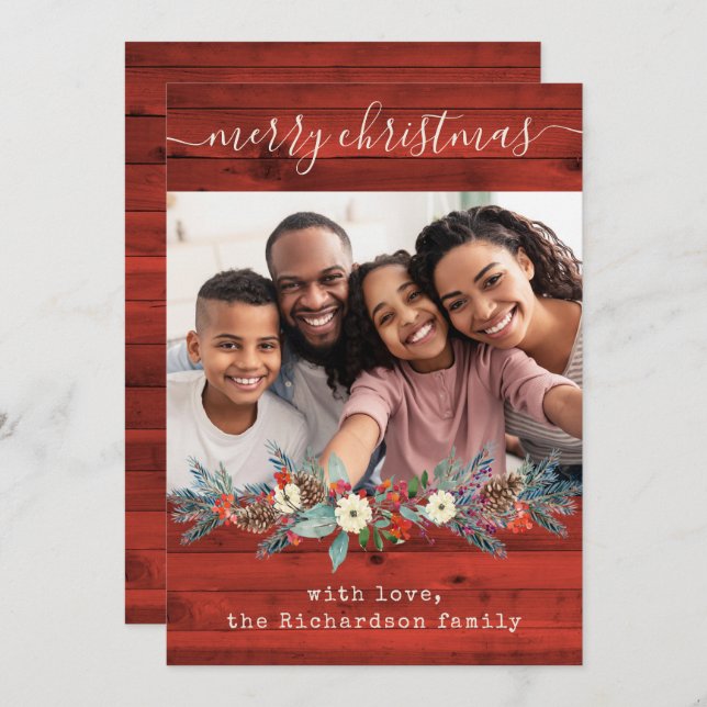 Red Rustic Christmas Greenery | Photo and Script Holiday Card (Front/Back)