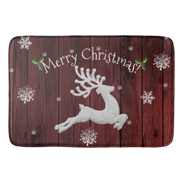 Red Rustic Christmas Reindeer Bath Mat (Front)