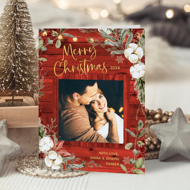 Red Rustic Christmas | Winter Floral and Photo Holiday Card (Creator Uploaded)