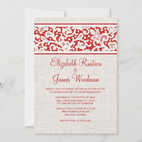 Red Rustic Country Burlap Linen Wedding Invitation