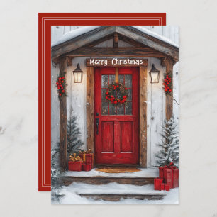 Red Rustic Country Door Wreath Presents Lights Holiday Card