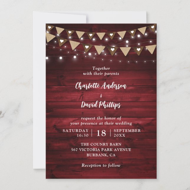 Red Rustic Country Wood String Lights Wedding Invitation (Front)