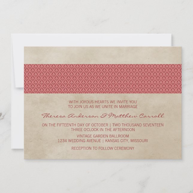 Red Rustic Damask Wedding Invite (Front)