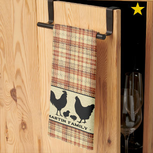 Red Rustic Farmhouse Plaid Chicken Family Name   Kitchen Towel