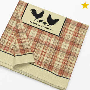 Red Rustic Farmhouse Plaid Chicken Family Name   Tablecloth