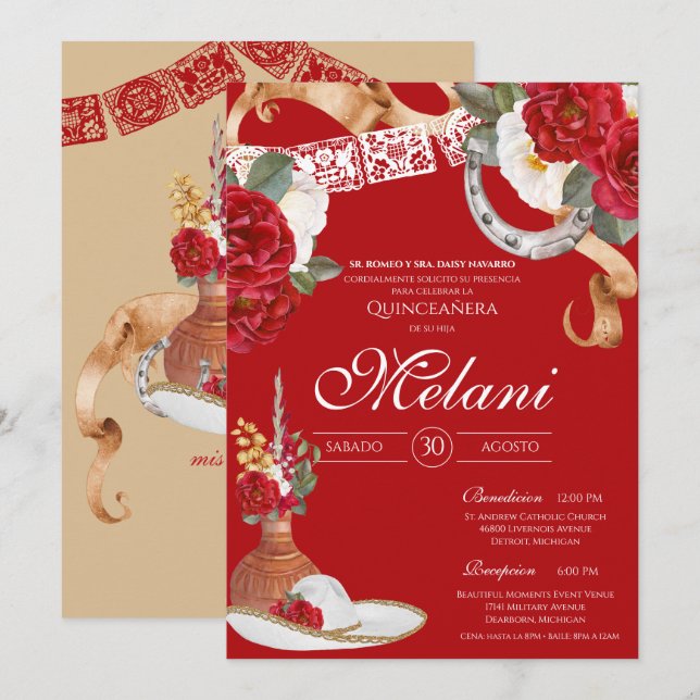 Red Rustic Floral Charro Quinceanera Birthday Invitation (Front/Back)