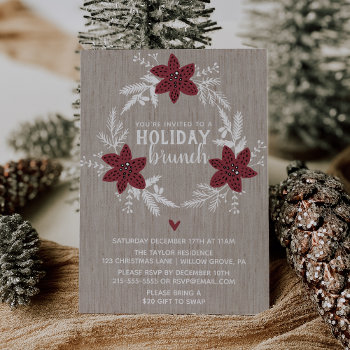 Red Rustic Floral Holiday Brunch Party Invitation by ChristmasPaperCo at Zazzle