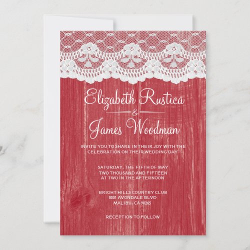 Red Rustic Lace &amp; Barn Wood Wedding Invitations