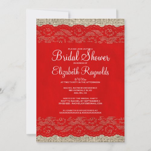 Red Rustic Lace Bridal Shower Invitations