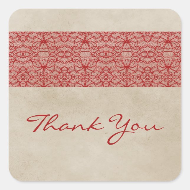 Red Rustic Lace Thank You Stickers (Front)