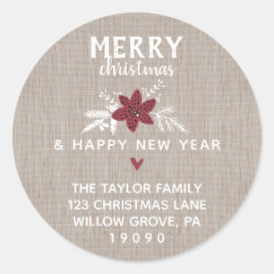 Red Rustic Merry Christmas Return Address Classic Round Sticker
