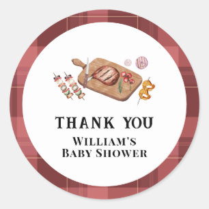 Red Rustic Plaid Country Baby Q Baby Shower Classic Round Sticker