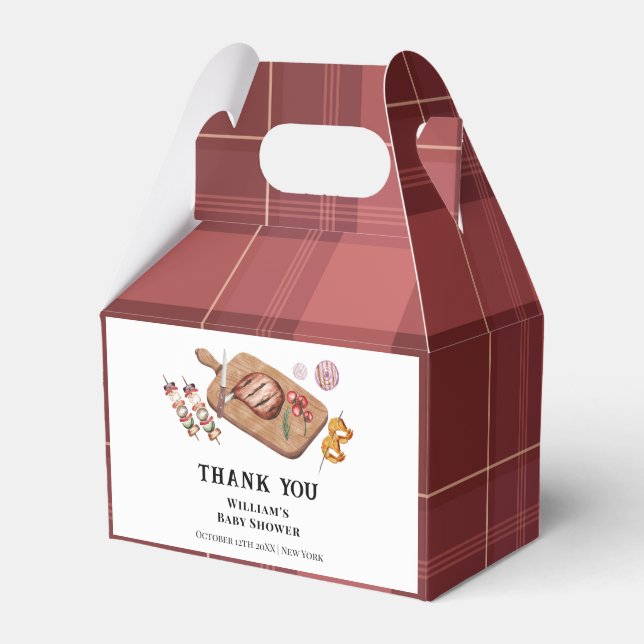 Red Rustic Plaid Country Baby Q Baby Shower  Favor Boxes (Front Side)
