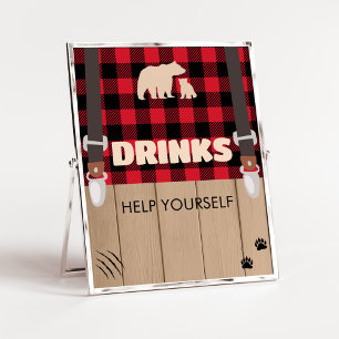 Red Rustic Plaid Lumberjack Baby Shower Drinks Poster