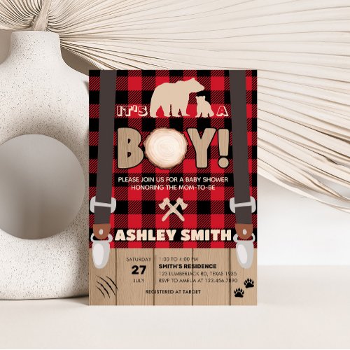 Red Rustic Plaid Lumberjack Baby Shower  Invitation