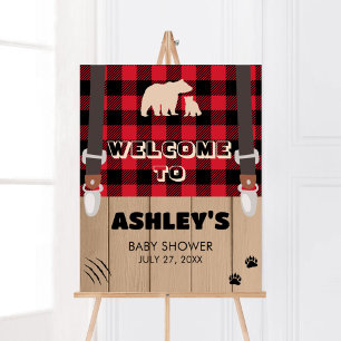Red Rustic Plaid Lumberjack Baby Shower Welcome Poster