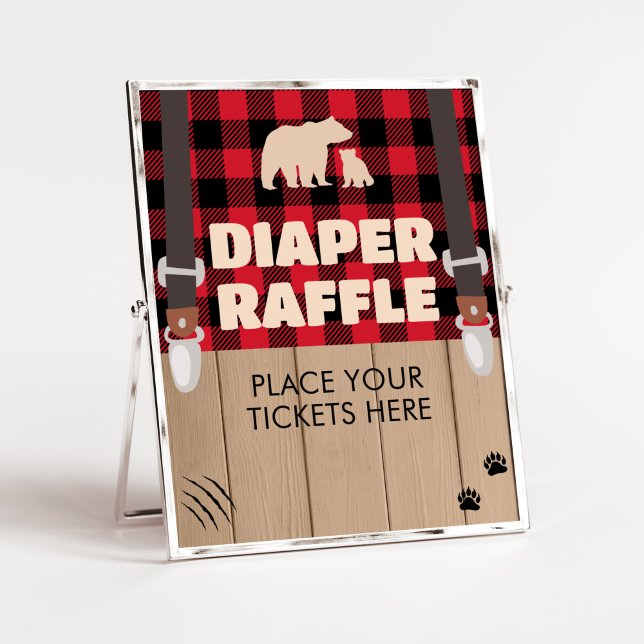 Red Rustic Plaid Lumberjack Diaper Raffle Poster (Plaid Lumberjack Baby Shower Diaper Raffle Sign)
